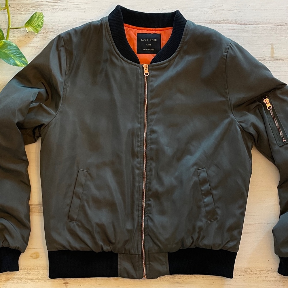 Love Tree Dark Green Bomber Jacket with Orange Lining